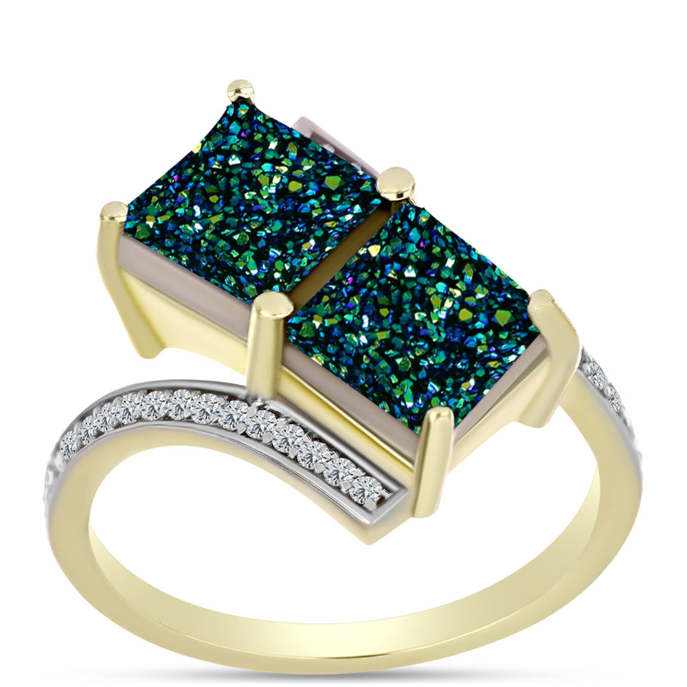 Anel de Prata com Banho de Ouro com Drusy Verde e Topázio Branco  Contraste: Cabeca de Veado (800)