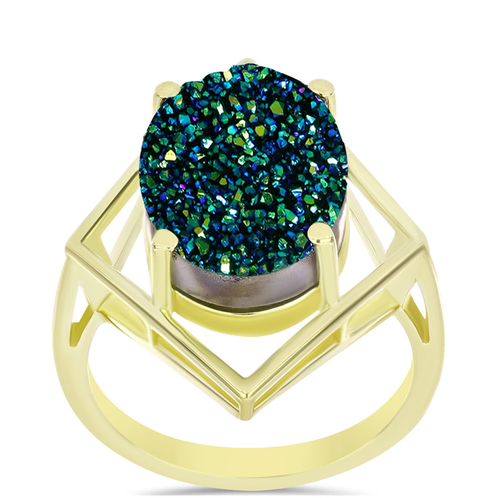Anel de Prata com Banho de Ouro com Drusy Verde  Contraste: Cabeca de Veado (800) 3 