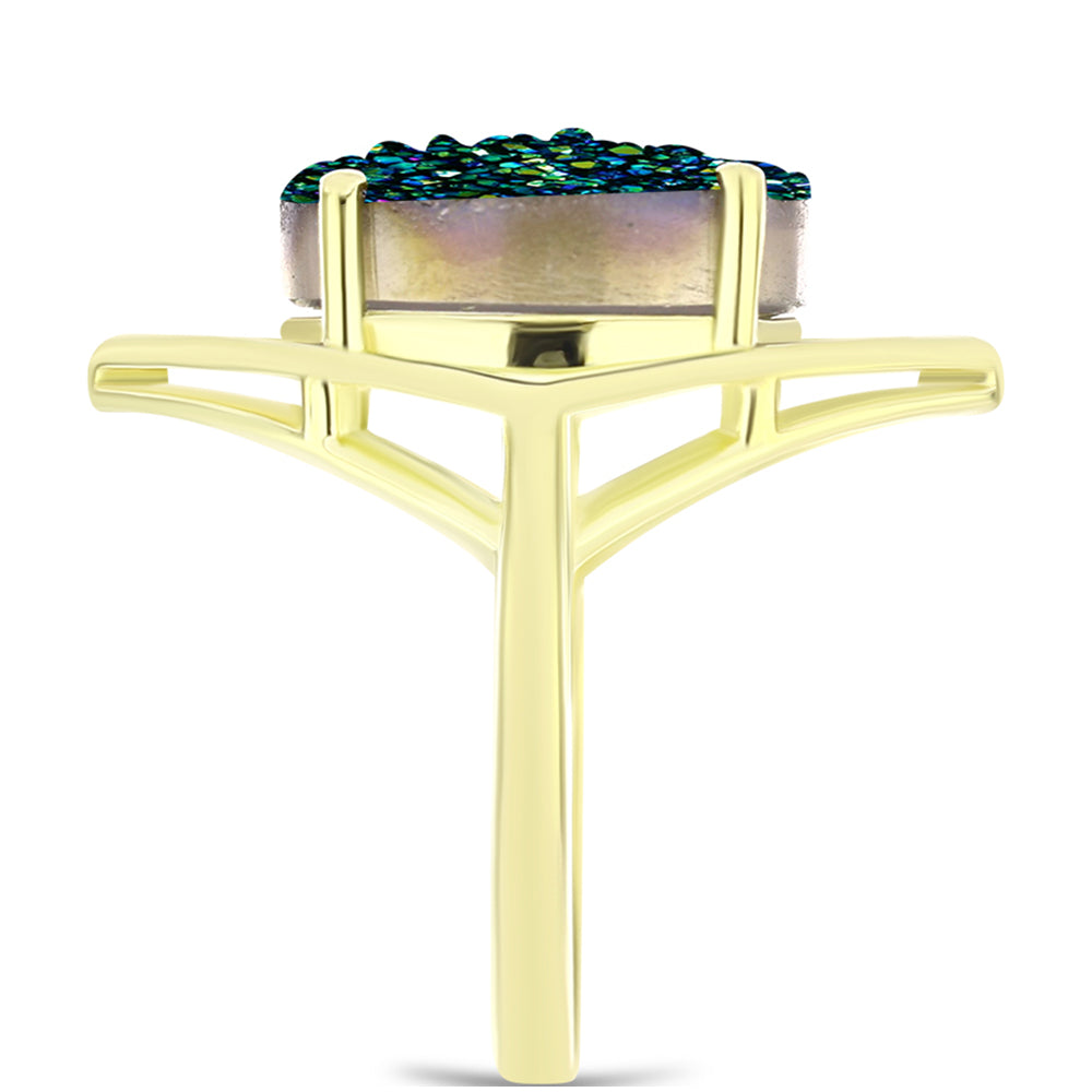 Anel de Prata com Banho de Ouro com Drusy Verde  Contraste: Cabeca de Veado (800)
