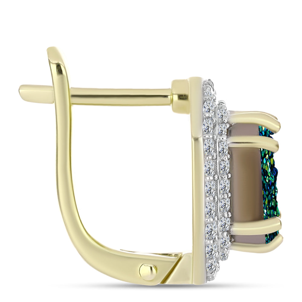 Brincos de Prata com Banho de Ouro com Drusy Verde e Topázio Branco 2 