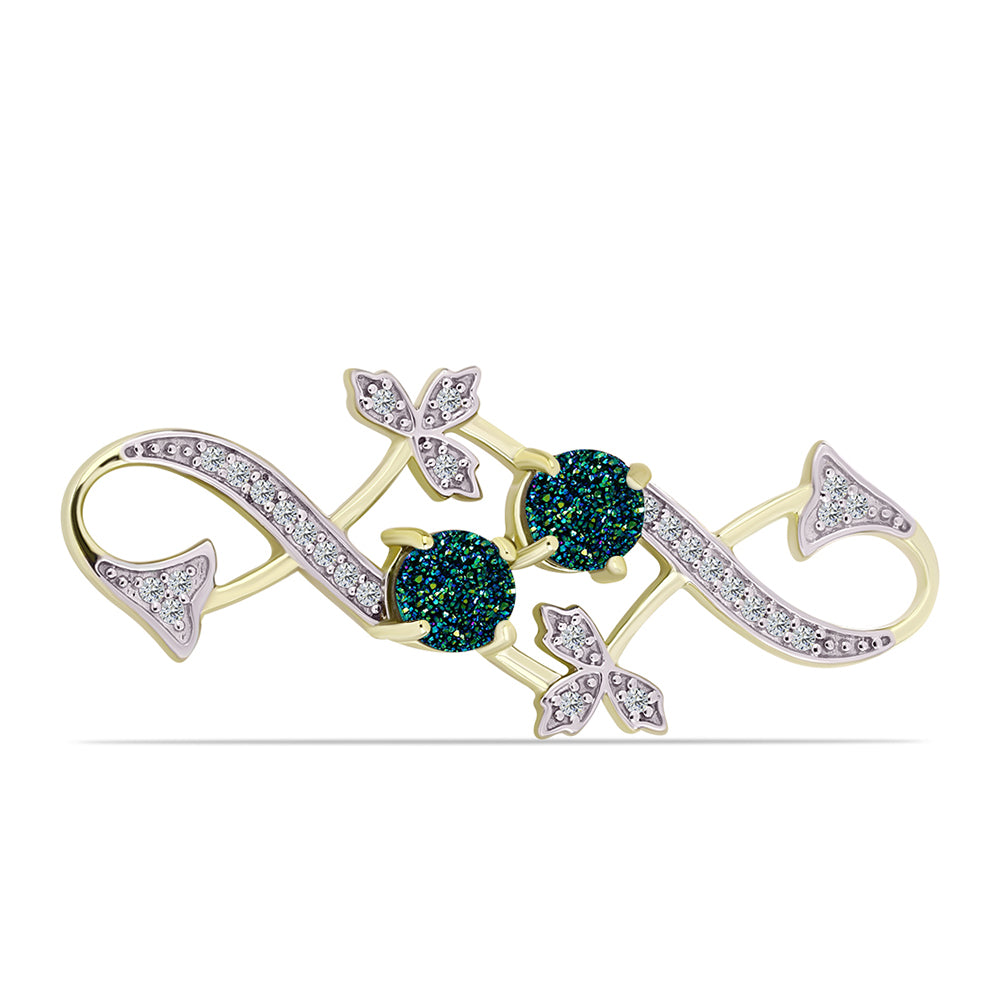 Alfinete de Prata com Banho de Ouro com Drusy Verde e Topázio Branco  Contraste: Cabeca de Veado (800)
