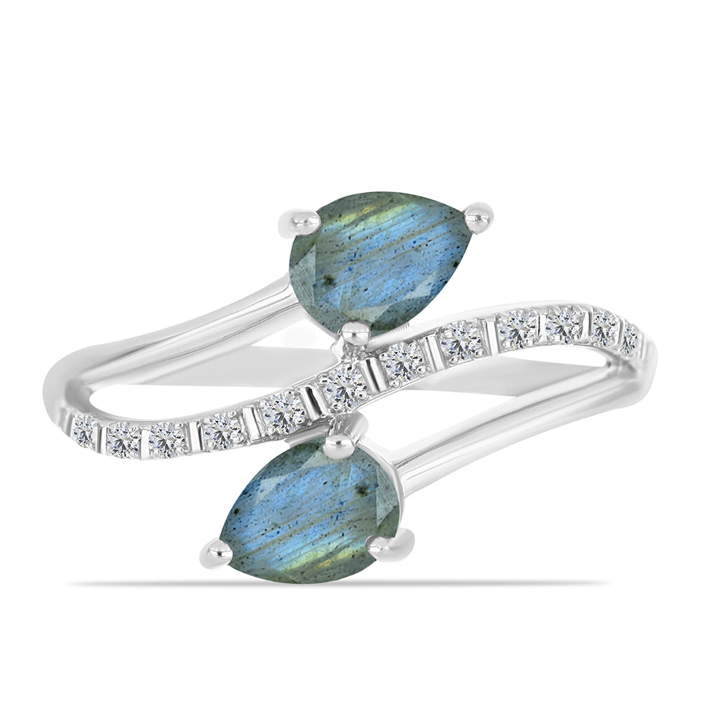 Anel de Prata com Labradorite e Topázio Branco  Contraste: Cabeca de Veado (800)