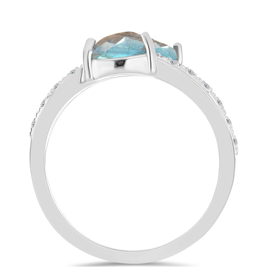 Anel de Prata com Labradorite e Topázio Branco  Contraste: Cabeca de Veado (800)