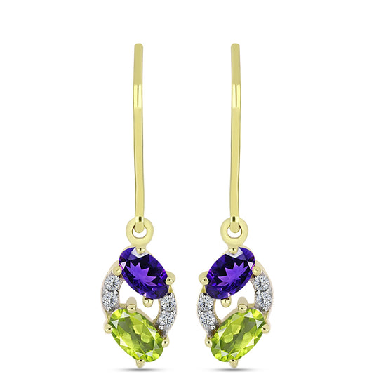 Brincos de Prata com Banho de Ouro com Ametista de Marrocos e Peridoto de Changbai