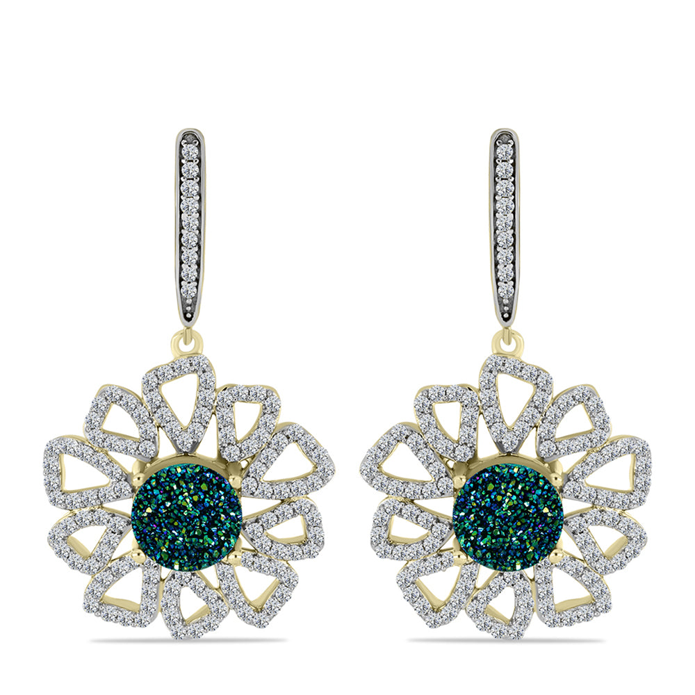 Brincos de Prata com Banho de Ouro com Drusy Verde e Topázio Branco  Contraste: Cabeca de Veado (800)