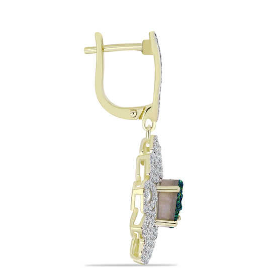 Brincos de Prata com Banho de Ouro com Drusy Verde e Topázio Branco  Contraste: Cabeca de Veado (800)