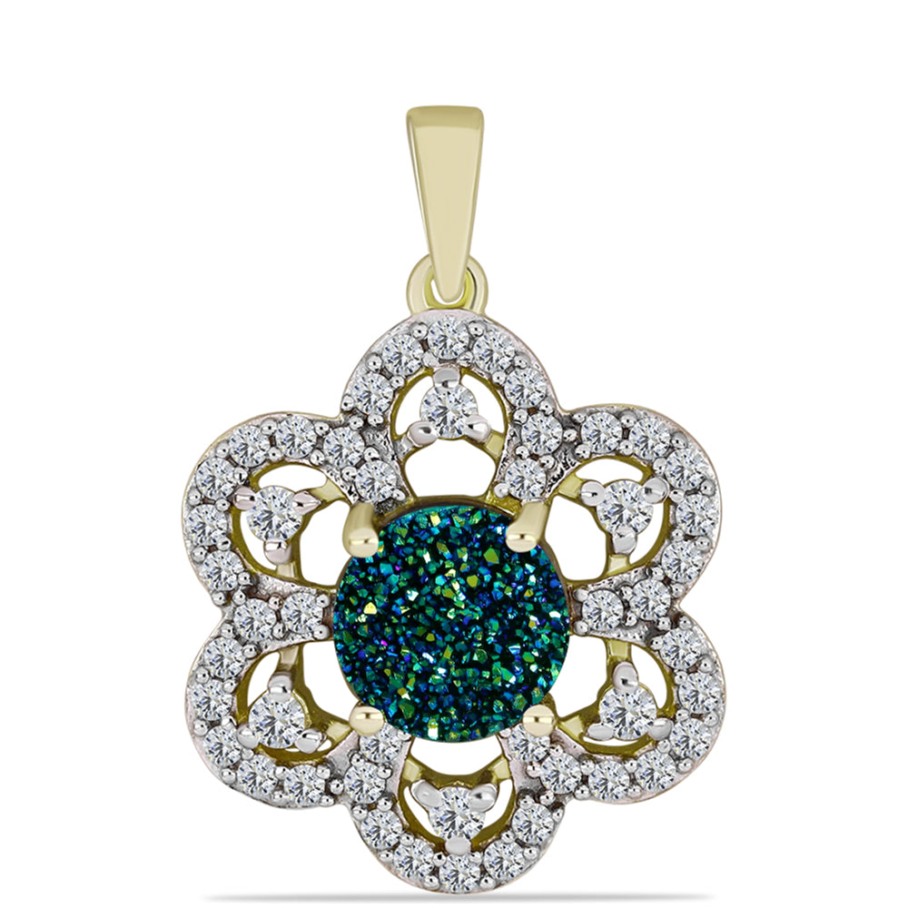 Pendente de Prata com Banho de Ouro com Drusy Verde e Topázio Branco 1 