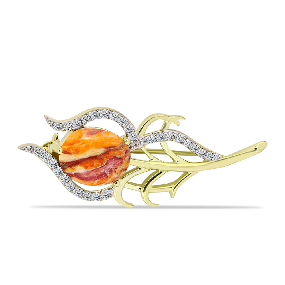 Alfinete de Prata com Banho de Ouro com Concha Pata de Leões e Topázio Branco
