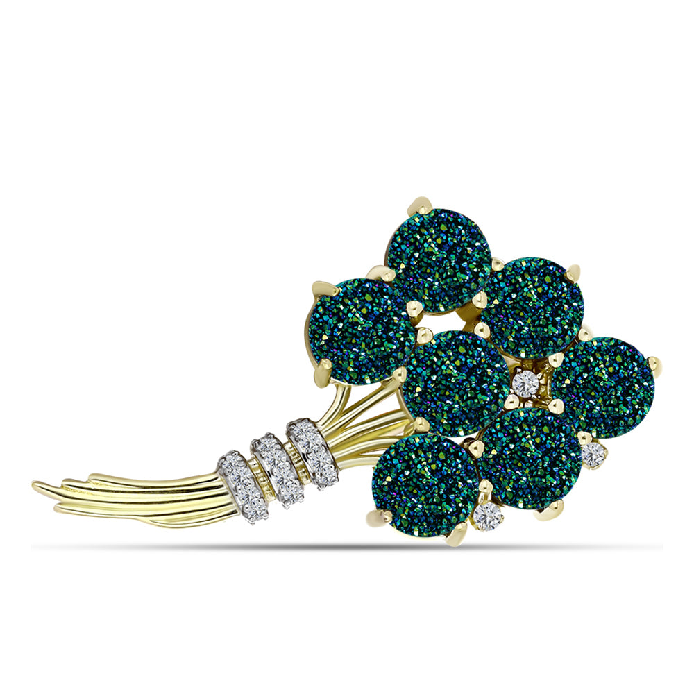 Alfinete de Prata com Banho de Ouro com Drusy Verde e Topázio Branco  Contraste: Cabeca de Veado (800)