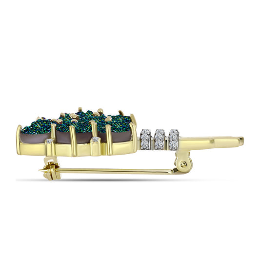 Alfinete de Prata com Banho de Ouro com Drusy Verde e Topázio Branco  Contraste: Cabeca de Veado (800)