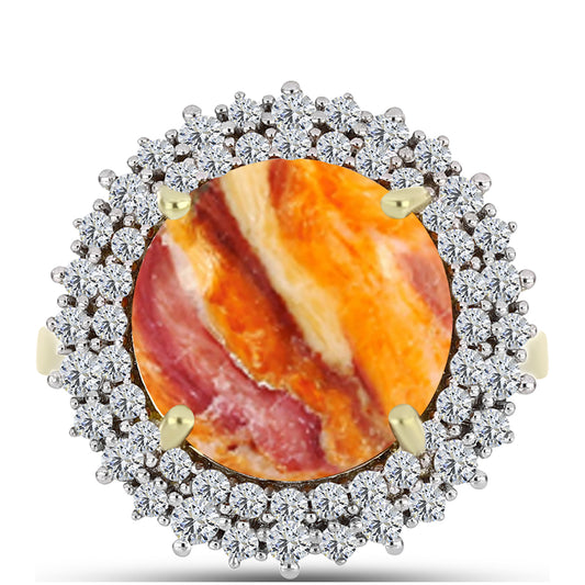 Anel de Prata com Banho de Ouro com Concha Pata de Leões e Topázio Branco  Contraste: Cabeca de Veado (800)