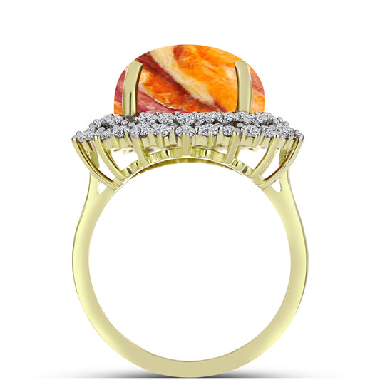 Anel de Prata com Banho de Ouro com Concha Pata de Leões e Topázio Branco  Contraste: Cabeca de Veado (800)