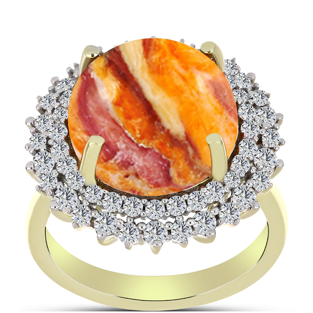 Anel de Prata com Banho de Ouro com Concha Pata de Leões e Topázio Branco  Contraste: Cabeca de Veado (800)