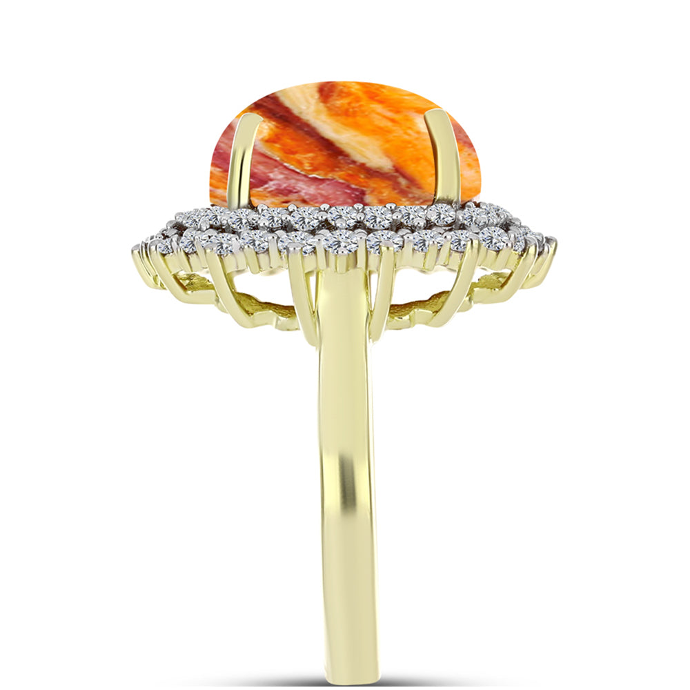 Anel de Prata com Banho de Ouro com Concha Pata de Leões e Topázio Branco  Contraste: Cabeca de Veado (800)