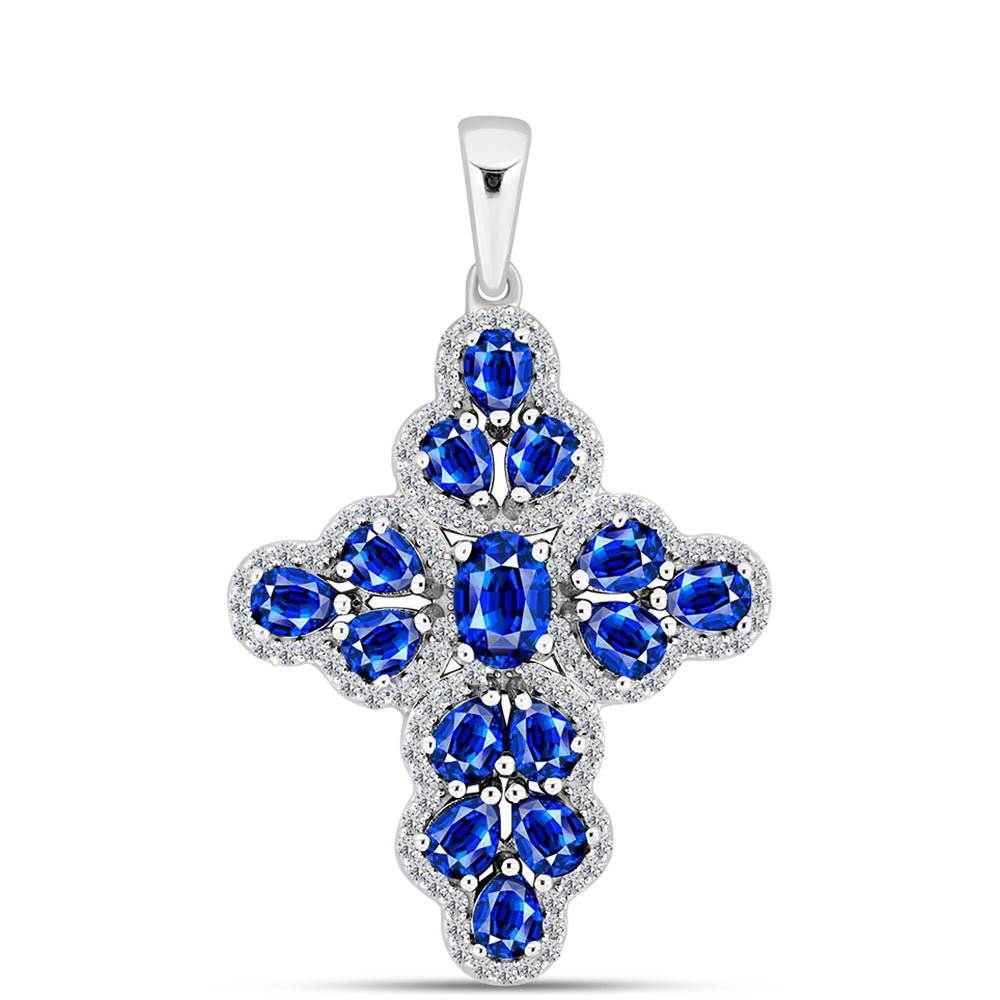 Cruz Pendente de Prata com Safira Azul Australiana e Topázio Branco  Contraste: Cabeca de Veado (800)