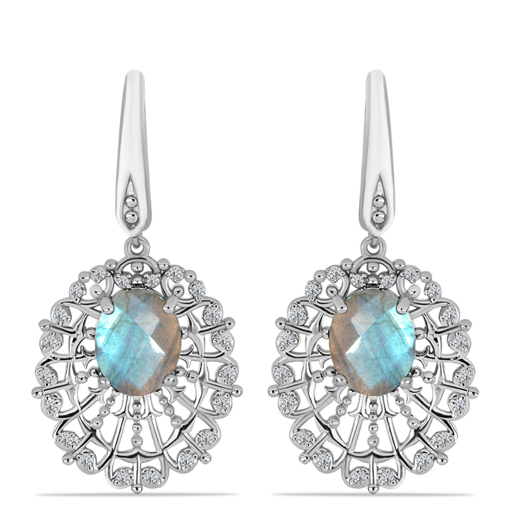 Brincos de Prata com Labradorite e Topázio Branco  Contraste: Cabeca de Veado (800)