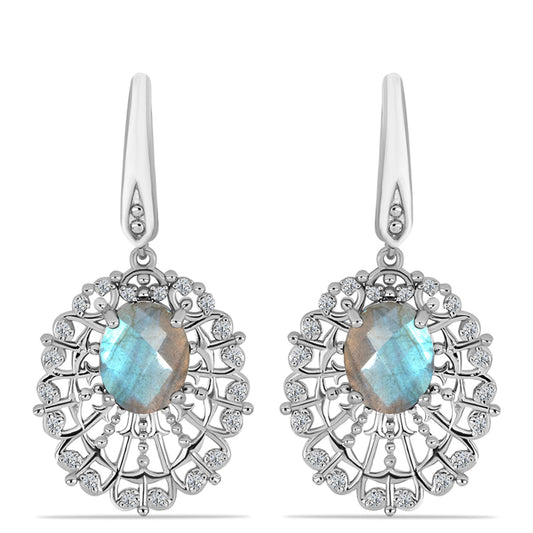 Brincos de Prata com Labradorite e Topázio Branco  Contraste: Cabeca de Veado (800)