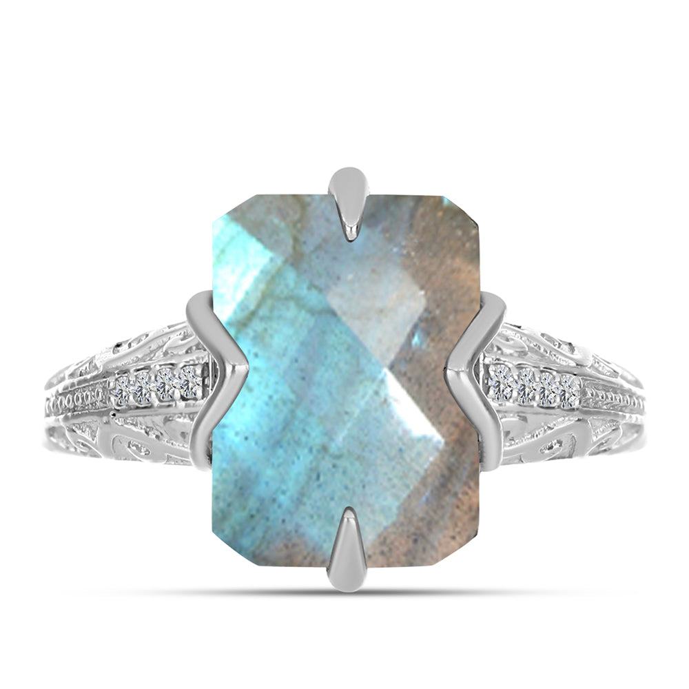 Anel de Prata com Labradorite e Topázio Branco  Contraste: Cabeca de Veado (800) 1 