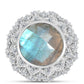 Anel de Prata com Labradorite e Topázio Branco  Contraste: Cabeca de Veado (800)