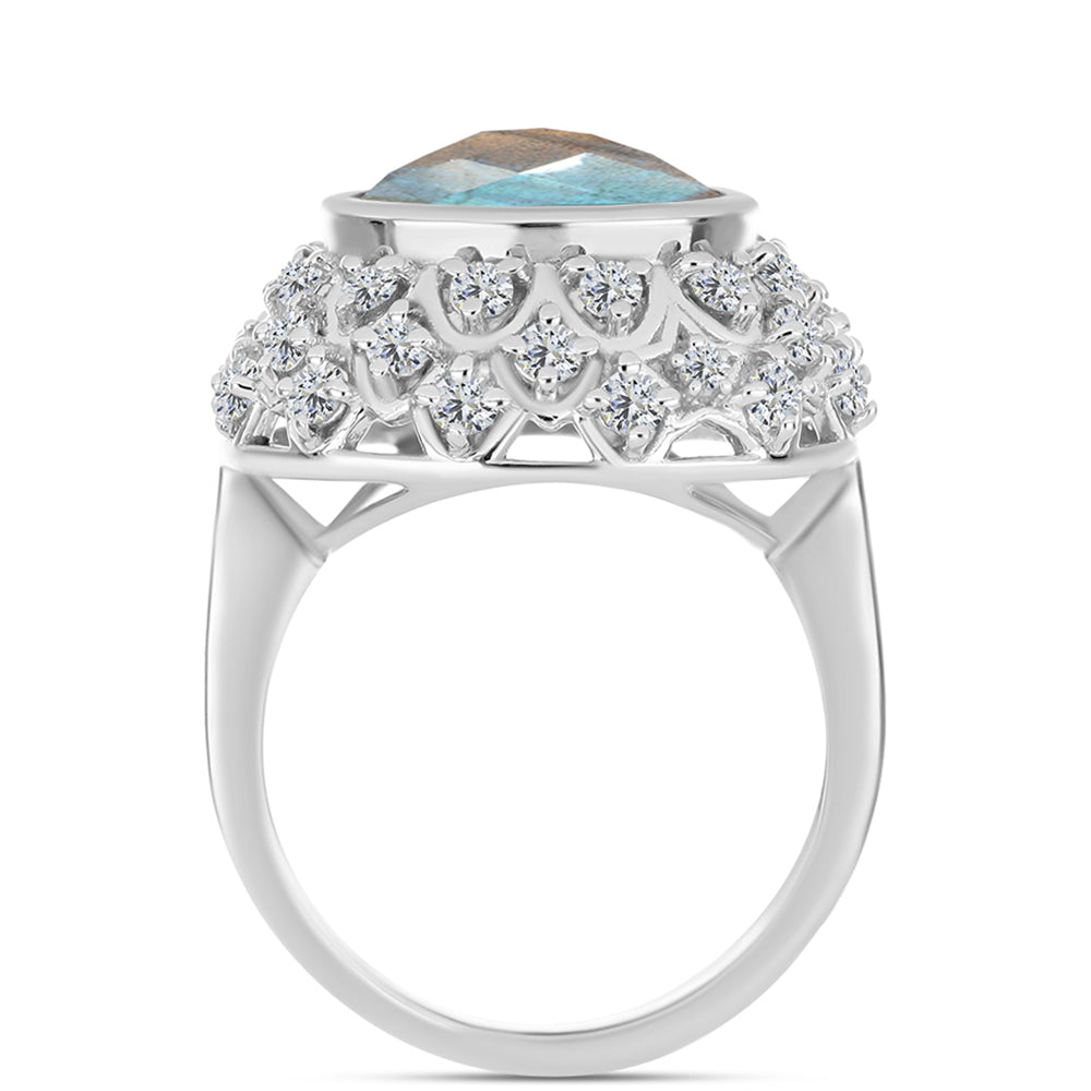 Anel de Prata com Labradorite e Topázio Branco  Contraste: Cabeca de Veado (800) 2 