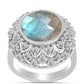 Anel de Prata com Labradorite e Topázio Branco  Contraste: Cabeca de Veado (800)