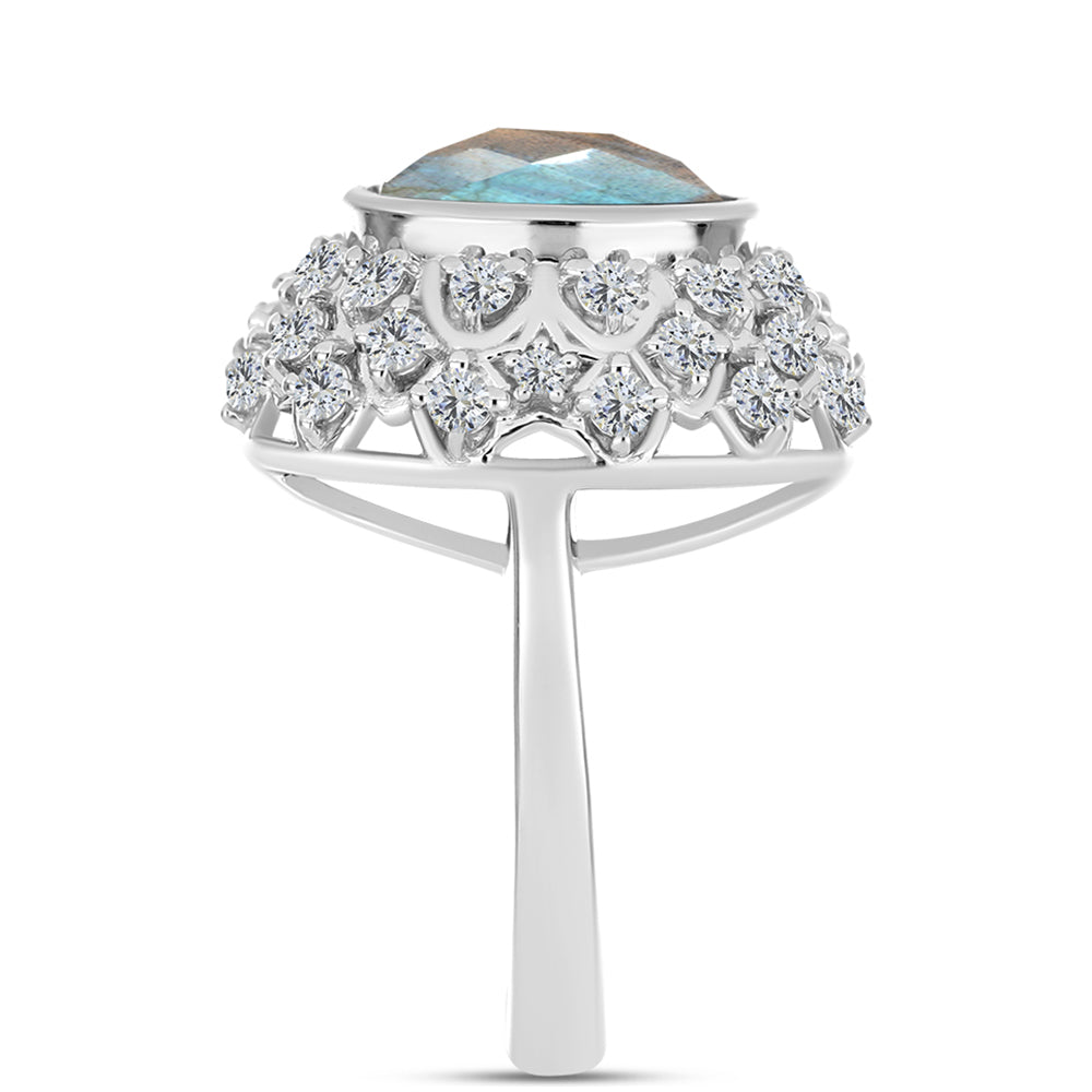 Anel de Prata com Labradorite e Topázio Branco  Contraste: Cabeca de Veado (800) 4 