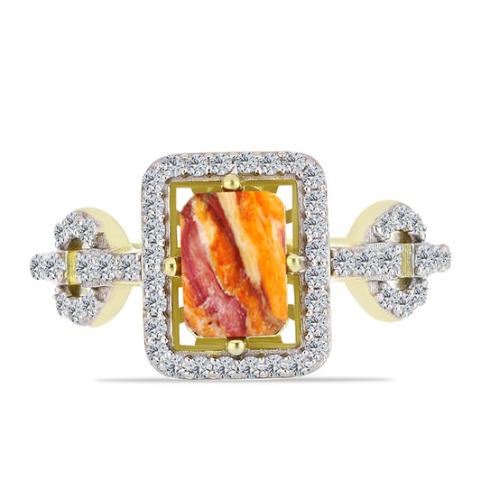 Anel de Prata com Banho de Ouro com Concha Pata de Leões e Topázio Branco  Contraste: Cabeca de Veado (800)