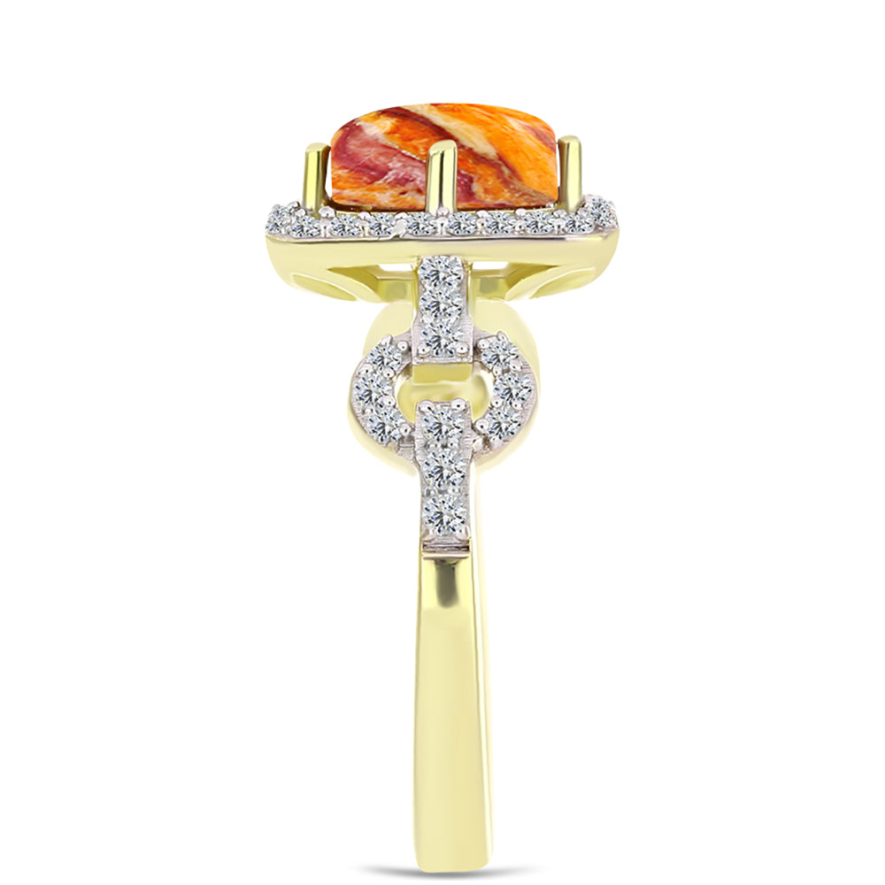 Anel de Prata com Banho de Ouro com Concha Pata de Leões e Topázio Branco  Contraste: Cabeca de Veado (800)