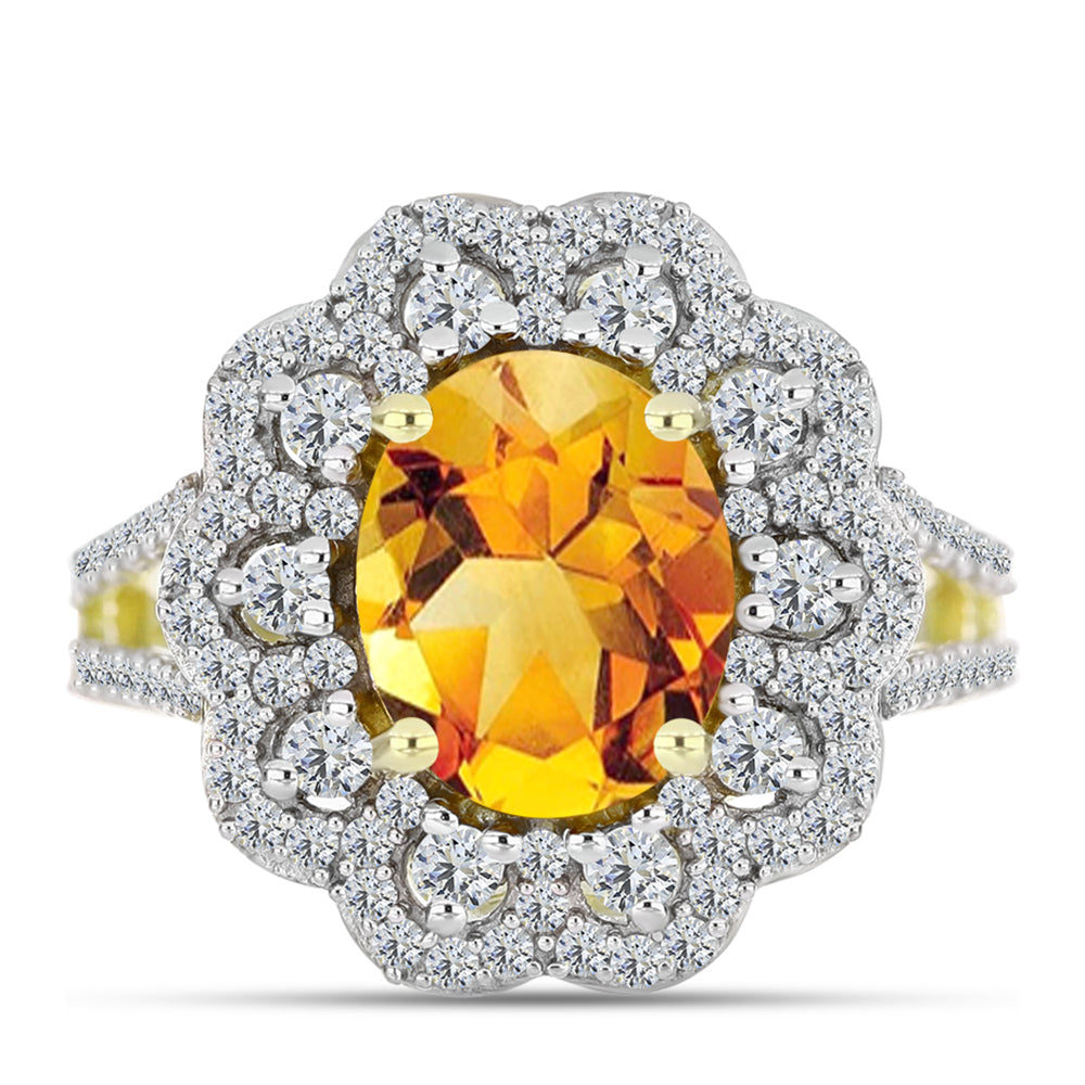 Anel de Prata com Banho de Ouro com Citrino Dourado do Rio Grande e Topázio Branco  Contraste: Cabeca de Veado (800)