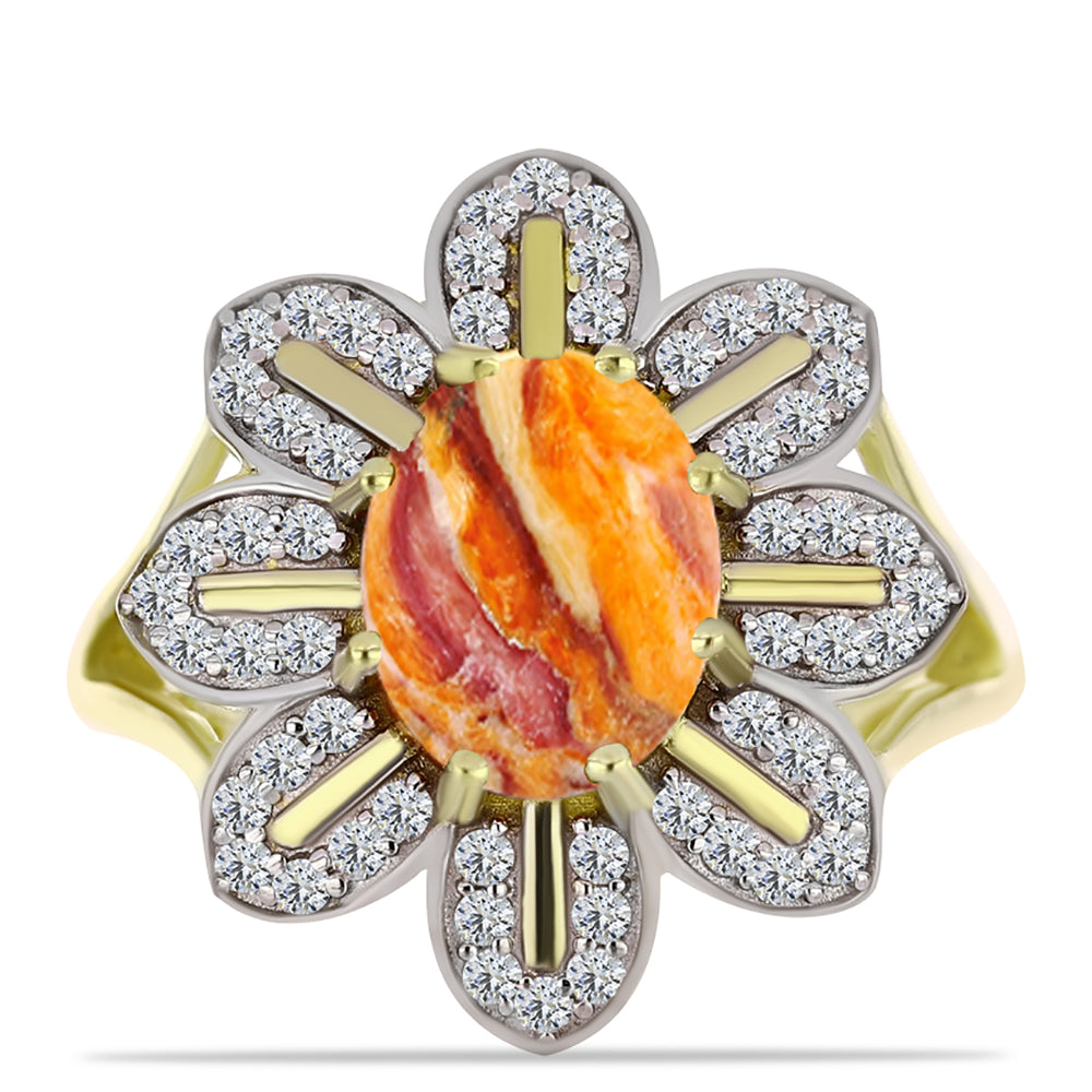 Anel de Prata com Banho de Ouro com Concha Pata de Leões e Topázio Branco  Contraste: Cabeca de Veado (800) 1 