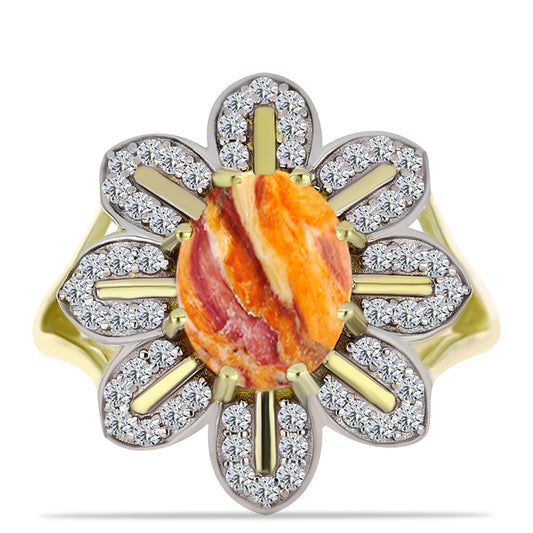 Anel de Prata com Banho de Ouro com Concha Pata de Leões e Topázio Branco  Contraste: Cabeca de Veado (800)
