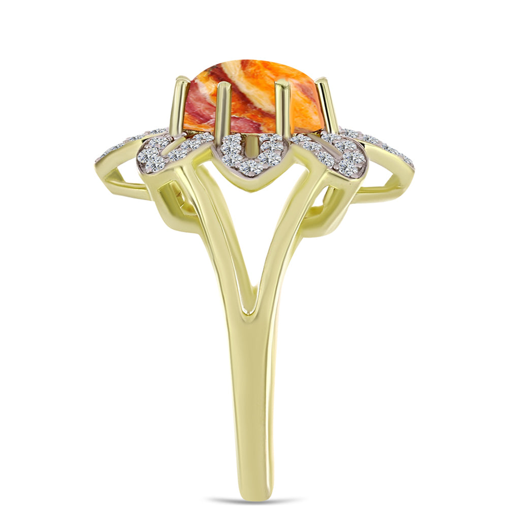 Anel de Prata com Banho de Ouro com Concha Pata de Leões e Topázio Branco  Contraste: Cabeca de Veado (800) 4 
