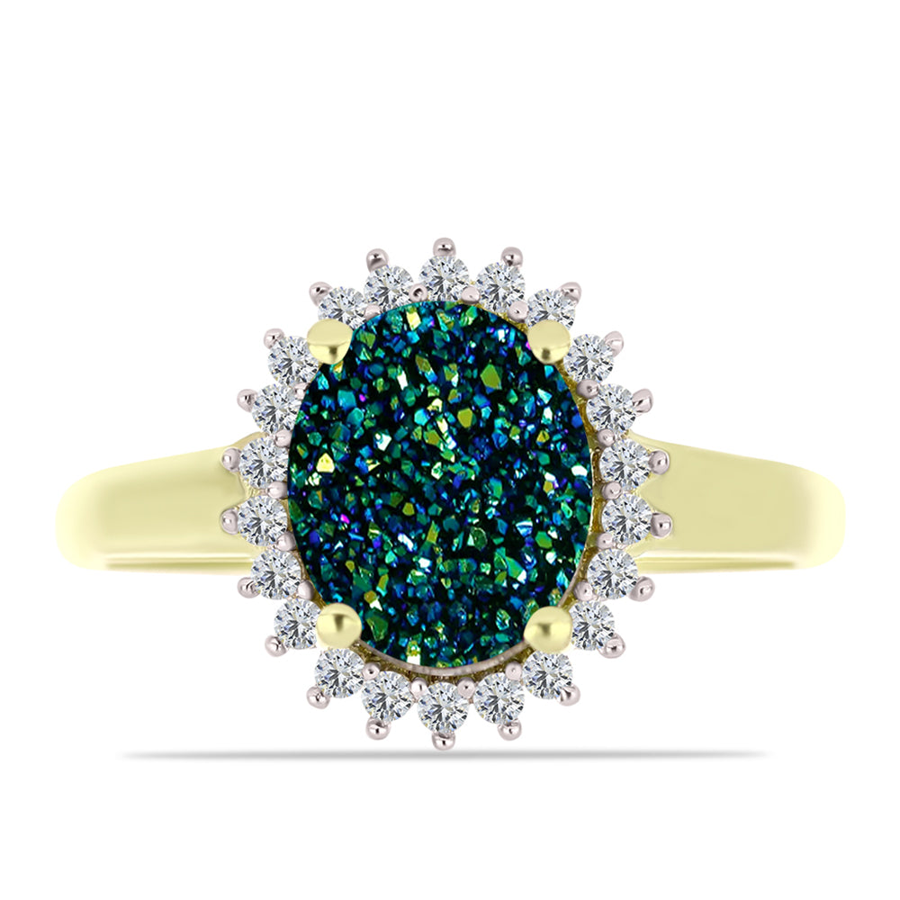 Anel de Prata com Banho de Ouro com Drusy Verde e Topázio Branco 1 