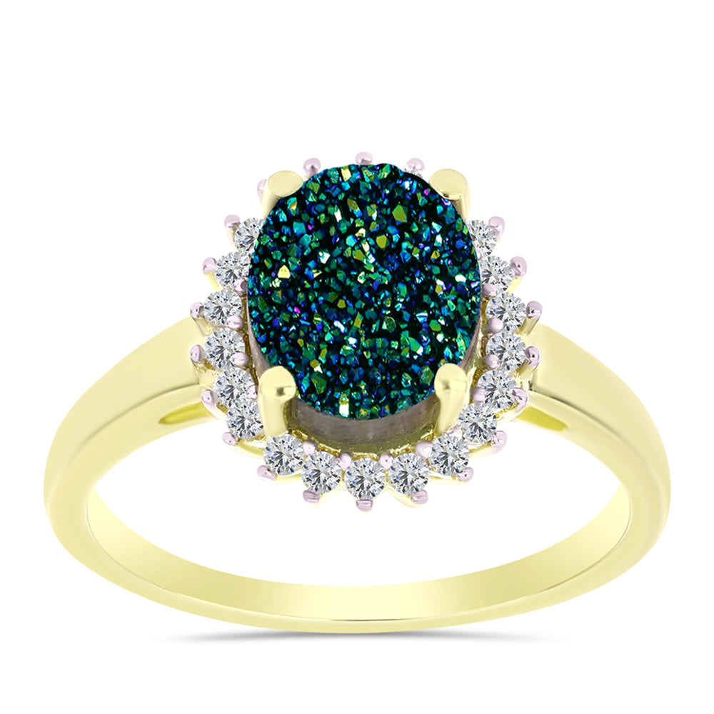 Anel de Prata com Banho de Ouro com Drusy Verde e Topázio Branco 3 