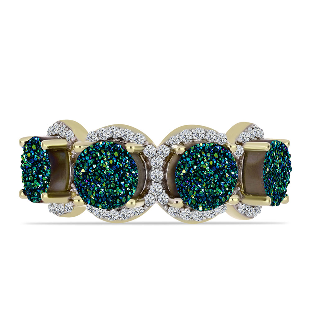 Anel de Prata com Banho de Ouro com Drusy Verde e Topázio Branco  Contraste: Cabeca de Veado (800) 1 