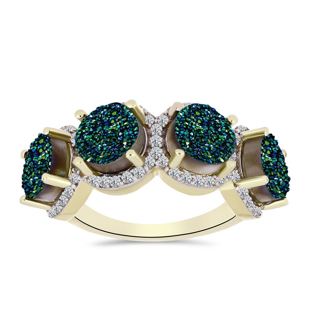 Anel de Prata com Banho de Ouro com Drusy Verde e Topázio Branco  Contraste: Cabeca de Veado (800)
