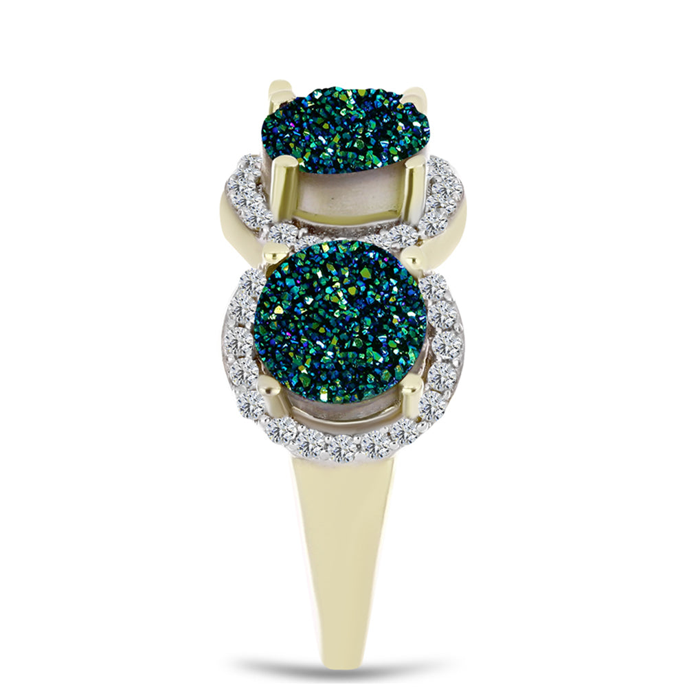 Anel de Prata com Banho de Ouro com Drusy Verde e Topázio Branco  Contraste: Cabeca de Veado (800) 4 