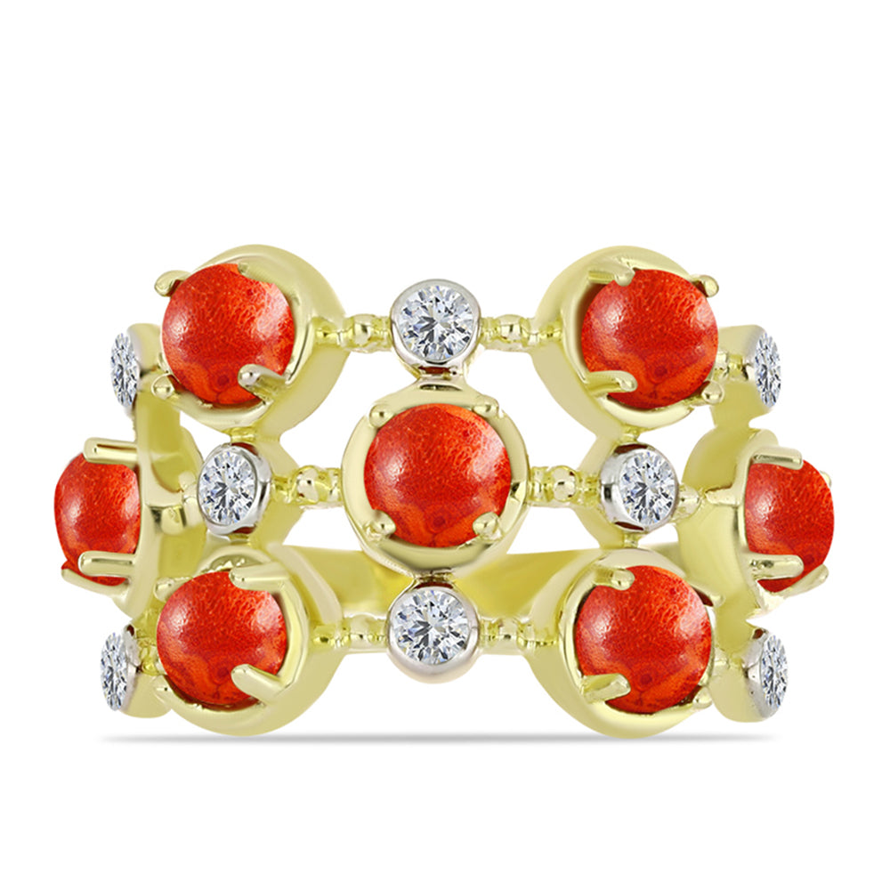 Anel de Prata com Banho de Ouro com Coral Esponja Vermelha e Topázio Branco  Contraste: Cabeca de Veado (800) 1 