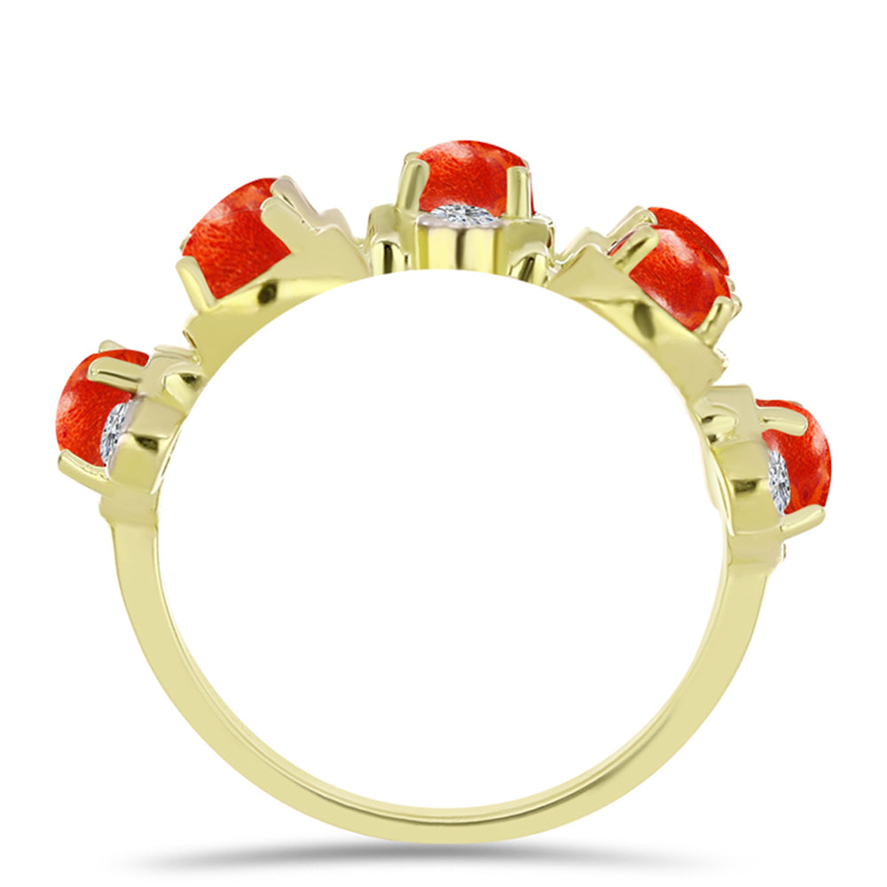 Anel de Prata com Banho de Ouro com Coral Esponja Vermelha e Topázio Branco  Contraste: Cabeca de Veado (800)