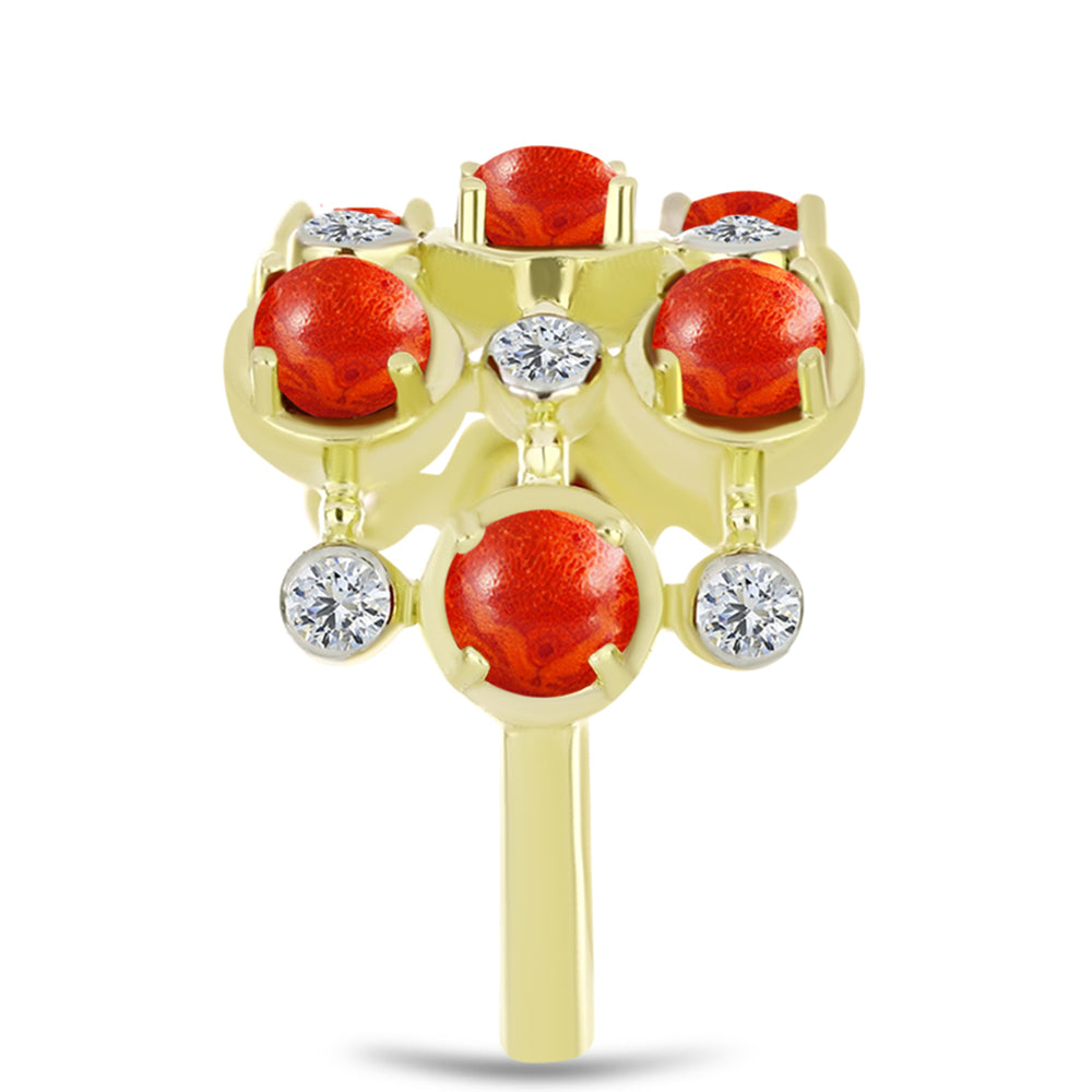 Anel de Prata com Banho de Ouro com Coral Esponja Vermelha e Topázio Branco  Contraste: Cabeca de Veado (800) 4 