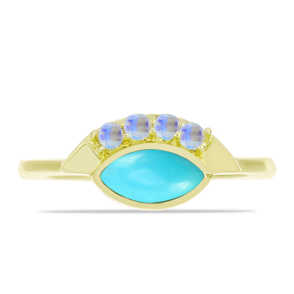 Anel de Prata com Banho de Ouro com Turquesa Bela Adormecida e Pedra da Lua Arco-íris 1 