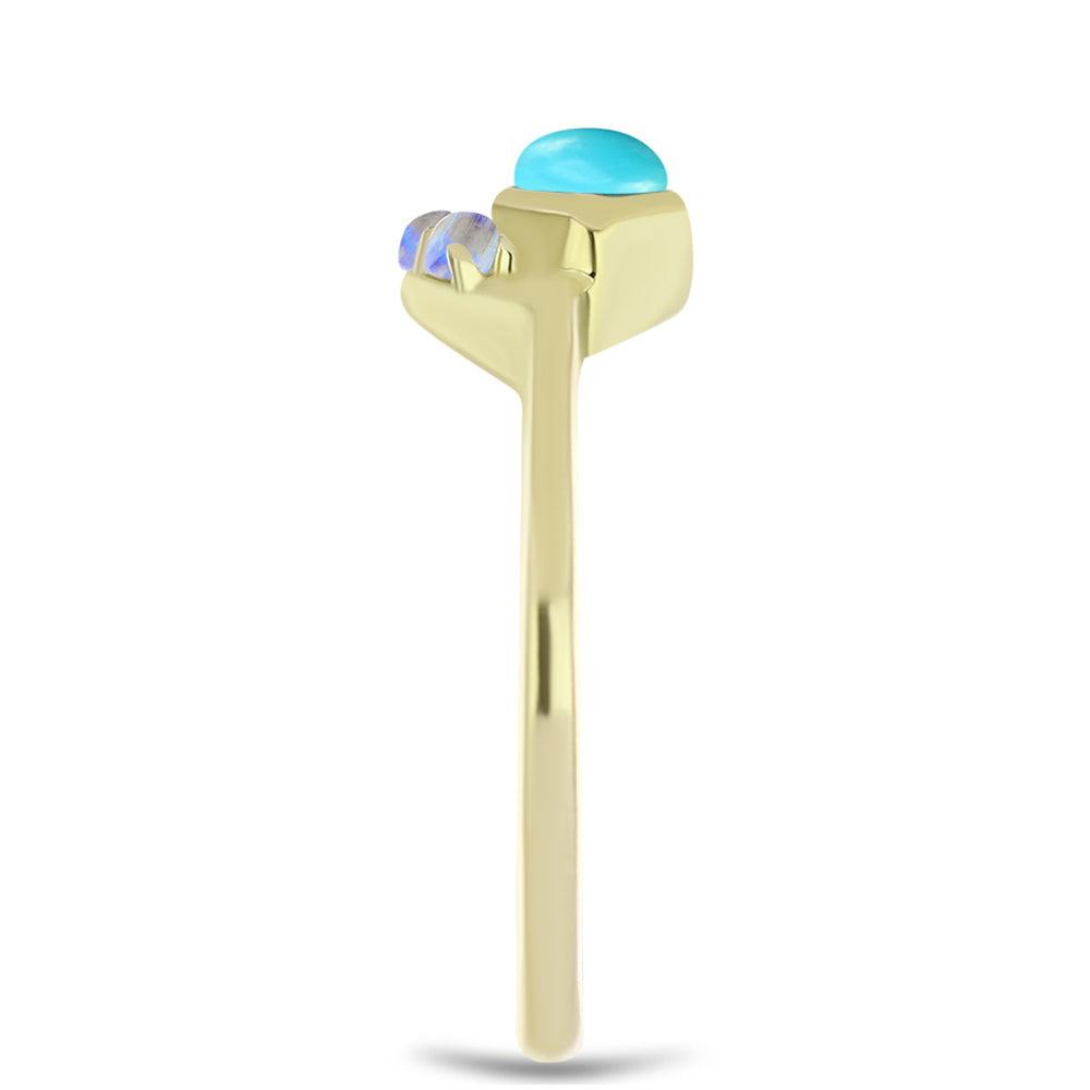 Anel de Prata com Banho de Ouro com Turquesa Bela Adormecida e Pedra da Lua Arco-íris 4 