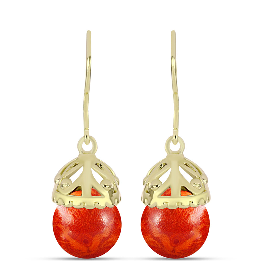 Brincos de Prata com Banho de Ouro com Coral Esponja Vermelha