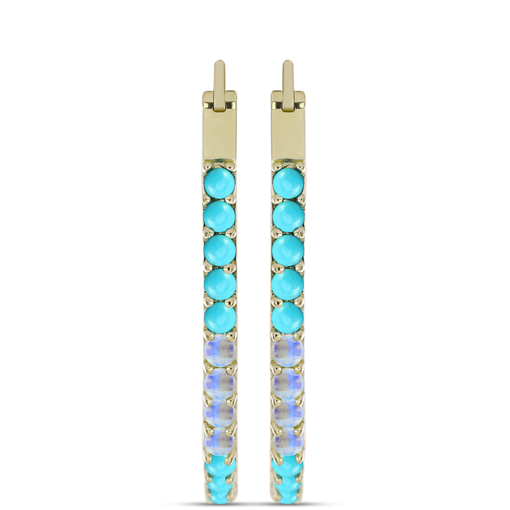 Brincos de Prata com Banho de Ouro com Turquesa Bela Adormecida e Pedra da Lua Arco-íris  Contraste: Cabeca de Veado (800) 2 