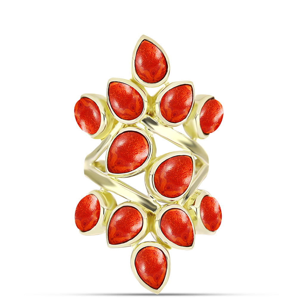 Anel de Prata com Banho de Ouro com Coral Esponja Vermelha  Contraste: Cabeca de Veado (800) 1 