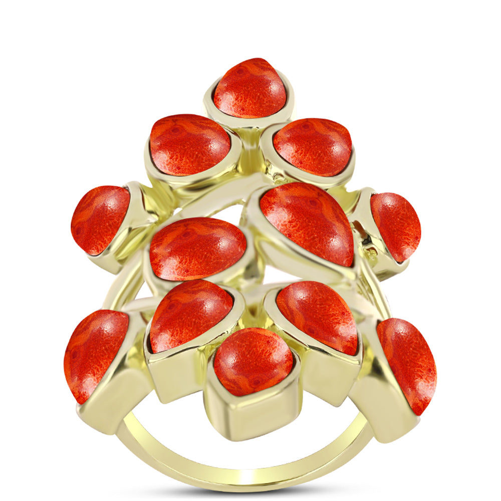 Anel de Prata com Banho de Ouro com Coral Esponja Vermelha  Contraste: Cabeca de Veado (800) 3 