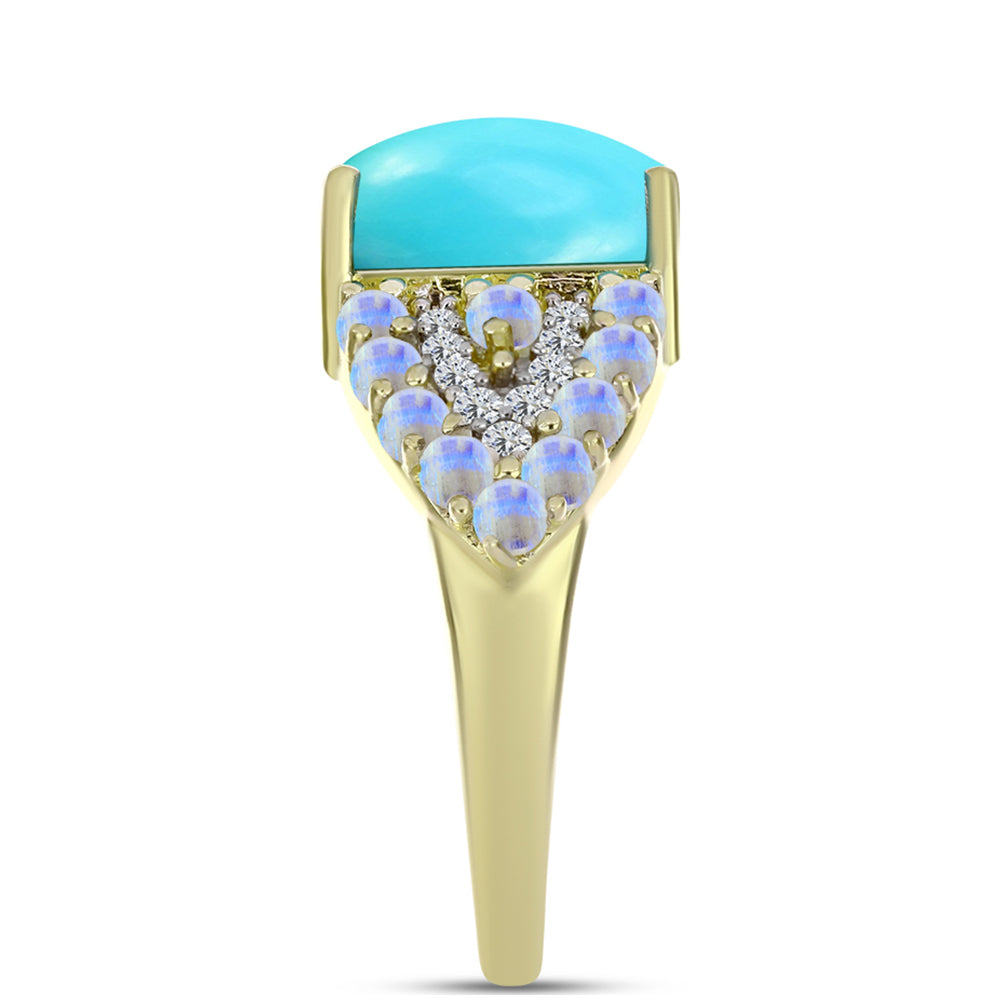 Anel de Prata com Banho de Ouro com Turquesa Bela Adormecida e Pedra da Lua Arco-íris  Contraste: Cabeca de Veado (800) 4 