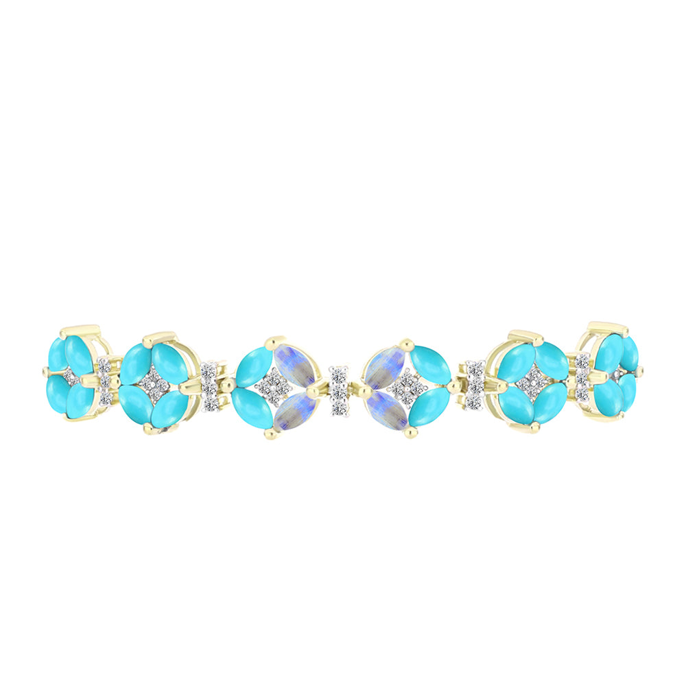 Pulseira de Prata com Banho de Ouro com Turquesa Bela Adormecida e Pedra da Lua Arco-íris  Contraste: Cabeca de Veado (800)