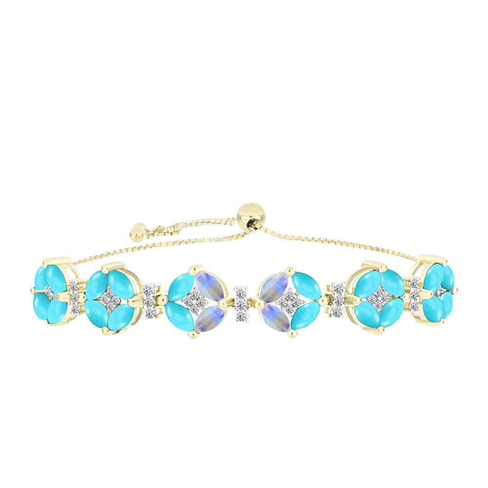 Pulseira de Prata com Banho de Ouro com Turquesa Bela Adormecida e Pedra da Lua Arco-íris  Contraste: Cabeca de Veado (800) 1 