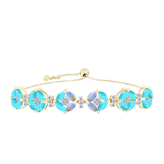 Pulseira de Prata com Banho de Ouro com Turquesa Bela Adormecida e Pedra da Lua Arco-íris  Contraste: Cabeca de Veado (800)